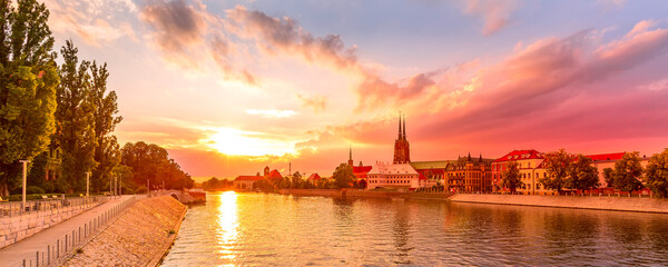 Wroclaw, Poland sunset panorama Oder river