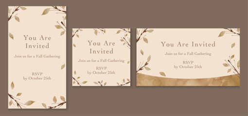 水彩の枯れ枝 "You Are Invited" Fall Leaf Gathering Invitation Set © URU