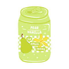 Soda in aluminum can with pear and vanilla flavor. Vector illustration in hand drawn style. Soft drink for advertising, posters, packaging and merch