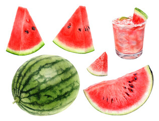Watercolor illustration of watermelon set and glass of juice isolated on white background