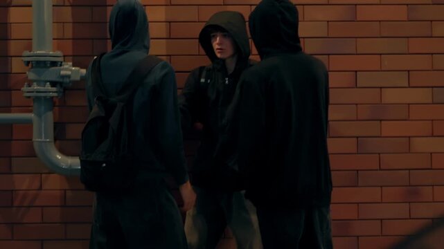 Teenage Gang Bullying Young Boy on Street Urban Crime at Night