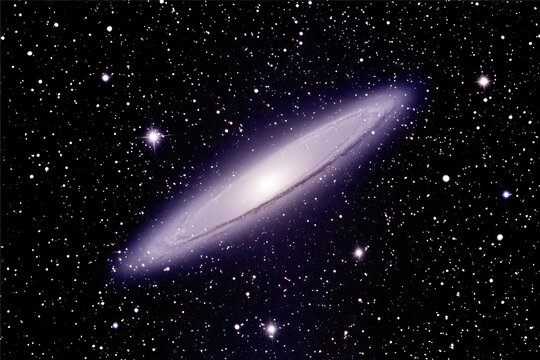 Edge-on galaxy with a bright core amidst a field of twinkling stars - Powered by Adobe