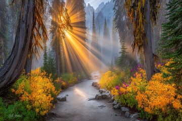 Obraz premium Radiant sunbeams stream through misty forest path