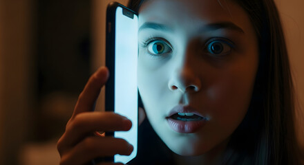 Close up of a surprised woman holding a glowing smartphone screen next to her face in the dark