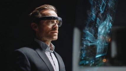AI driven risk analysis technology featuring businessman utilizing futuristic virtual interface and augmented reality glasses for digital innovation - Powered by Adobe
