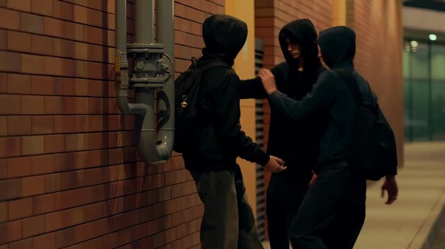 Teenagers Attacking Boy with Belly Punch Urban Night Crime Scene
