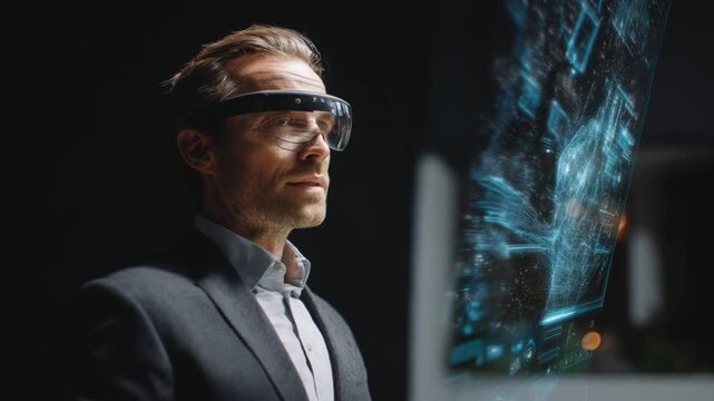 AI driven risk analysis technology featuring businessman utilizing futuristic virtual interface and augmented reality glasses for digital innovation - Powered by Adobe