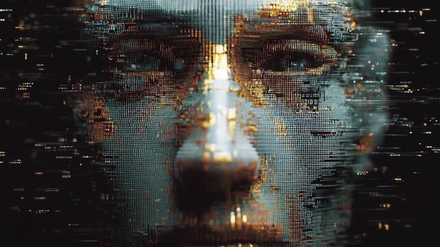 AI driven risk analysis digital face composed of pixel data and abstract technology with futuristic style showcasing advanced data and analysis