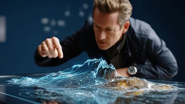 Exploration in Futuristic Setting: A man contemplates a digital landscape projection, merging cutting-edge technology with visionary thinking, symbolizing innovation and strategic planning.