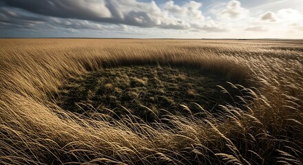 A vast field of tall, golden-brown grass swaying in the wind, with a dark circular patch of low grass in the center under a dramatic sky with motion-blurred clouds.

