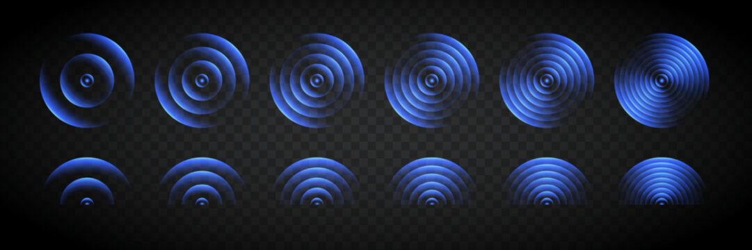 Sound wave rings. Glowing neon blue wifi, wireless network, signal circles with futuristic motion ripple effect isolated on transparent background. Tech abstract vector illustration.