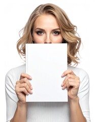 Naklejka premium Woman's hands holding a blank white hardcover book for mockup design. Isolated on white background