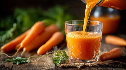 Freshly squeezed carrot juice being poured, a vibrant and healthy start to the day, perfect for wellness campaigns and healthy eating promotions