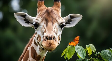 Close Up of a Curious Giraffe with a Butterfly on Leaf in Nature
