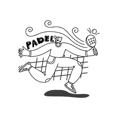 A fun black and white vector illustration of a person playing padel