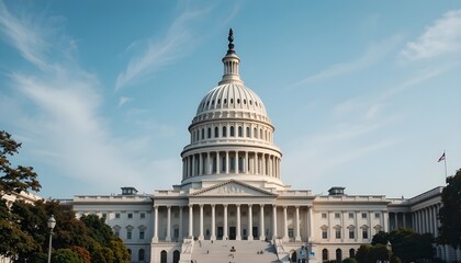 Obraz premium Majestic view of the United States Capitol Building under a clear blue sky, symbol of democracy and government in Washington D.C., showcasing neoclassical architecture and the iconic white dome 