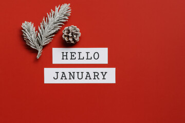 Hello January text on white paper strips over red background with frosted pine branch and pine cone winter holiday greeting concept flat lay minimalist composition copy space