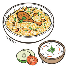 Delicious chicken biryani with raita and salad