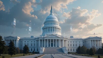 United States Capitol Building, Washington D.C. landmark architecture, symbol of American democracy and government, historical political building exterior, cloudy sky background, national heritage