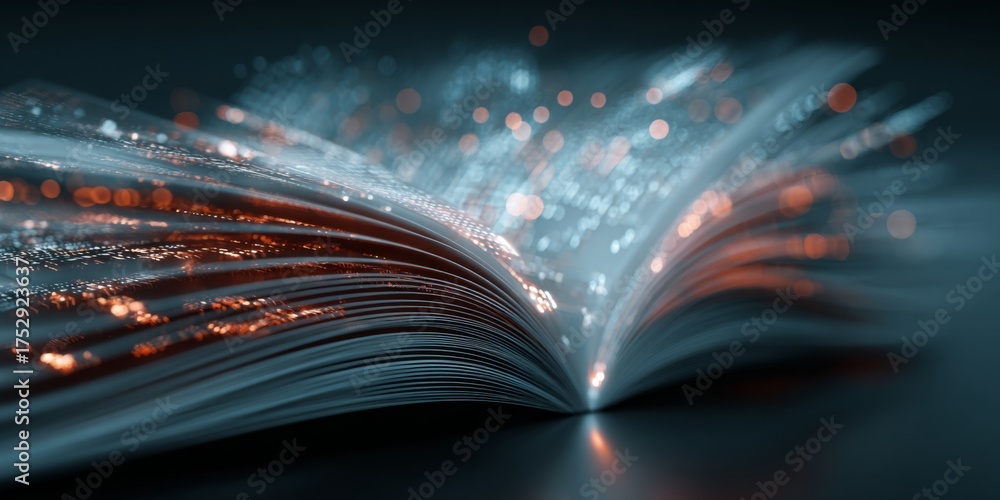 Wall mural open book with digital data streams emerging, representing knowledge, technology, and information in