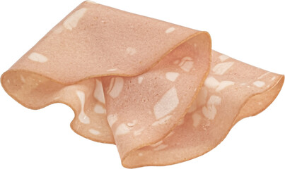 Mortadella sausage slice isolated, top view