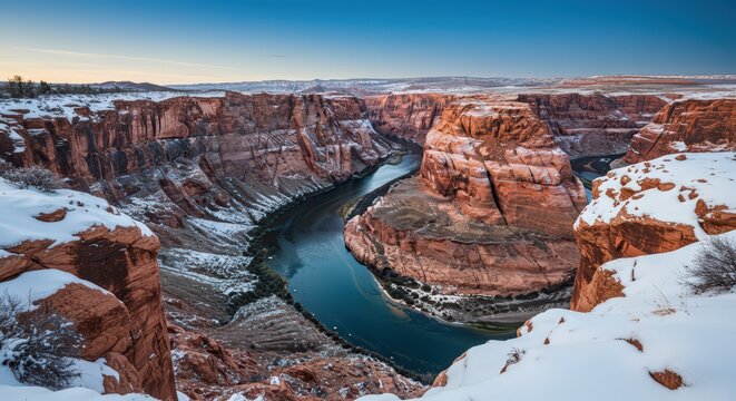 Aerial view of horseshoe bend with snow covered canyon walls and blue river in winter season