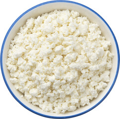 Bowl of cottage cheese isolated, top view