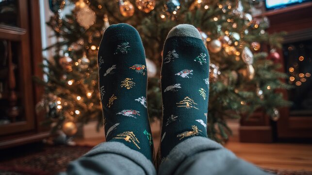 Cozy Christmas vibes with fun holiday socks in front of a beautiful decorated tree, celebrating the festive season at home with comfort and joy