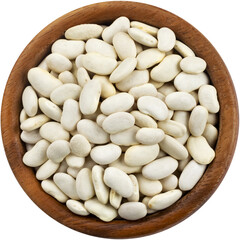 White beans in wooden bowl, top view