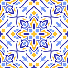 Mediterranean textured seamless pattern in blue yellow colors. Ethnic tile, mosaic design of Portuguese, Sicilian, Italian, Spanish motifs. Ornament for home textile or ceramic. Vector illustration