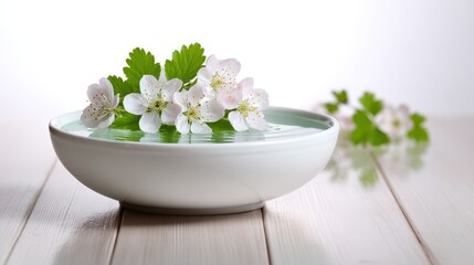 White Blossoms Floating In A Serene Water Bowl On A Light Wood Surface With Soft Lighting