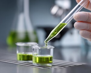 Close up Macro View Of Green Liquid Dropping From Pipette Into Small Beaker Science Laboratory