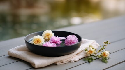 Bowl of Floating Flower Petals and Buds on a Towel Beside Water Surface