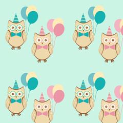 Naklejka premium Seamless Pattern of Owls with Balloons