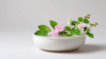 Delicate Pink Flowers and Green Leaves Float in a White Bowl of Water Against a Soft Gray Background