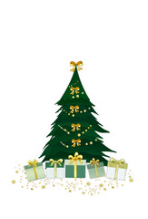 Teal green festive christmas tree decorated with golden bows and garland with gifts boxes near it against white background .