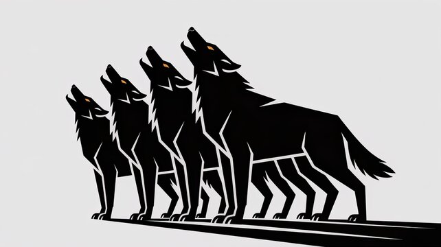Four Howling Wolves Silhouetted Against a Gray Background