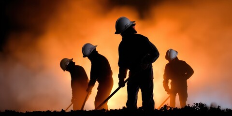Silhouetted Workers With Hard Hats In Intense Fire And Smoke At Night