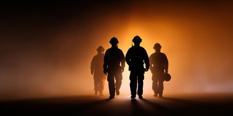 Silhouettes Of Four Soldiers Marching Through Fog Under Warm Orange Light Rays Atmospheric Scene