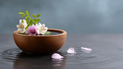 Small Bowl With Pink and White Flowers Floating On Rippling Water With Petals Scattered