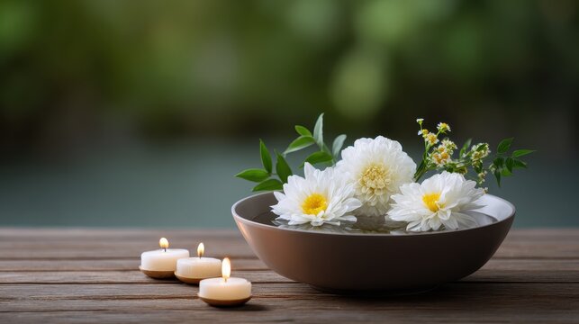 Serene Spa Bowl with White Flowers and Candles on Wooden Surface Soft Bokeh Background Nature Ambiance