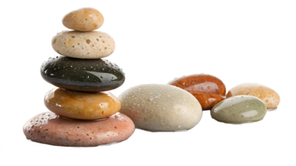 Assorted smooth pebbles of different colors and sizes, isolated on transparent background, natural wet texture, balanced studio composition.
