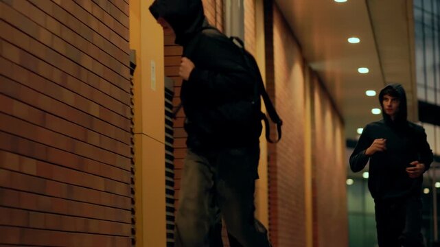 Teenage offenders run after a boy on the street at night in an urban crime scene