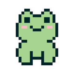 Cute Pixel Frog with Blush and Smile Vector Illustration. Perfect for retro, video game, and playful design themes. Ideal for use in gaming and fun projects.