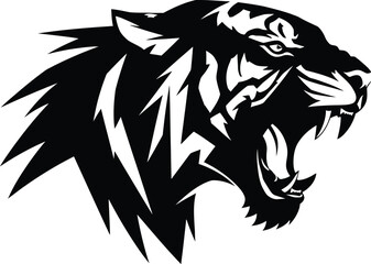 A striking monochrome tiger head roaring fiercely with sharp teeth and stylized mane on white background