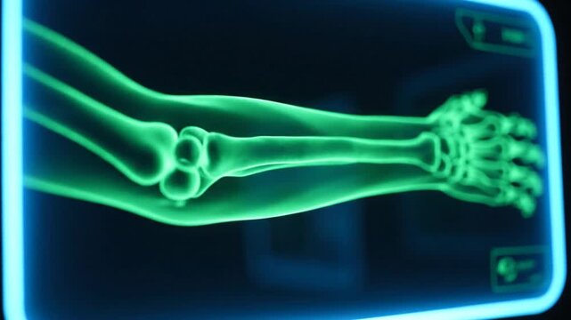 Medical illustration of human arm bones in vivid green against dark background