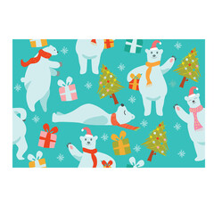 Festive polar bears in santa hats and red scarves surrounded by colorful gift boxes and decorated christmas trees on a turquoise background seamless pattern merry christmas illustration