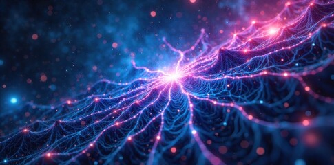Abstract neural network pathways visualized as glowing ethereal lines on a dark, cosmic background, representing thought processes. An abstract visualization of a vast neural network with glowing,