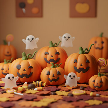 Cute 3D Jack-o'-Lanterns and Ghosts on Autumn Leaves