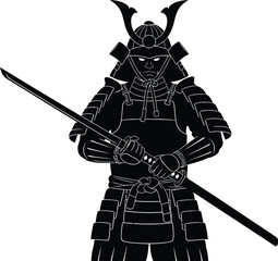 Obraz premium Illustration of a samurai warrior in black armor holding a katana sword on a white background art
